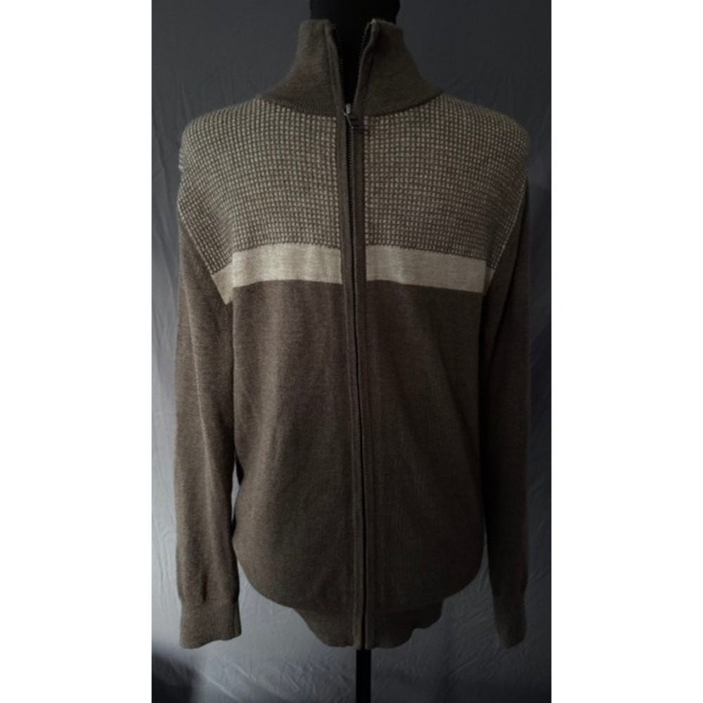 Banana Republic Mens Merino Wool Full Zip Sweater Brown Waffle Knit Mock Neck S